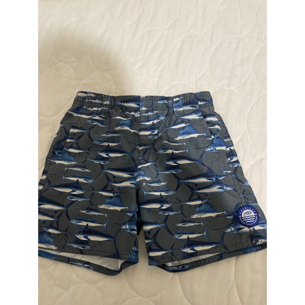 AFTCO Boys Blue Marlin Fish Print Swim Trunks Gray Size S Board Shorts